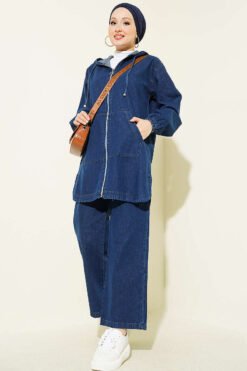 Hooded Zip-Up Denim Two-Piece Set with Pockets Dark Blue