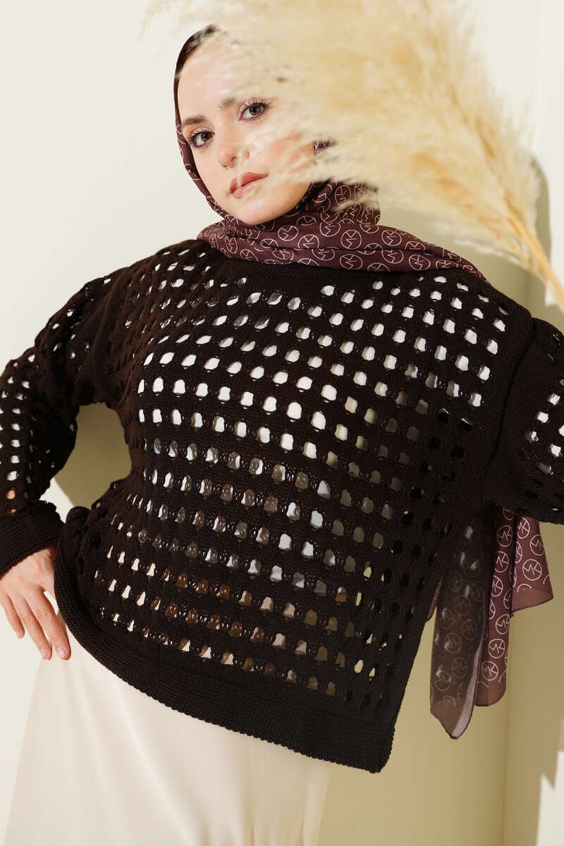 Square Openwork Knit Sweater Brown