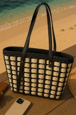 Checkered Pattern Woven Shoulder Bag Black