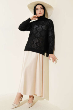 Alternative view of Square Pattern Openwork Knit Sweater Black