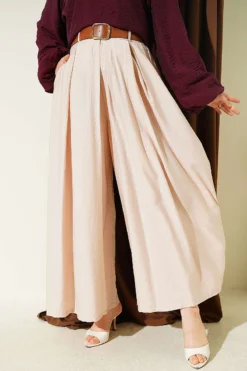 Square Belted Wide-Leg Trousers Beige