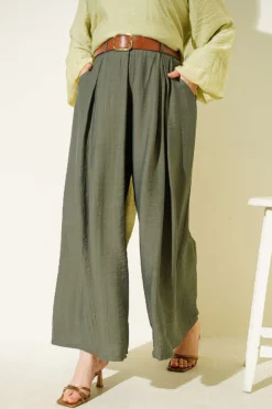 Square Belted Wide-Leg Trousers Khaki