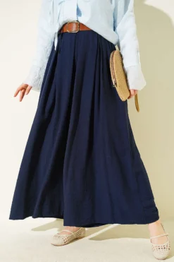 Square Belted Wide-Leg Trousers Navy Blue