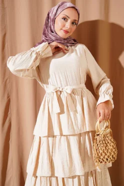 Tiered Dress with Belt Beige