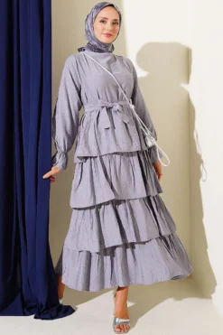 Tiered Dress with Belt Grey