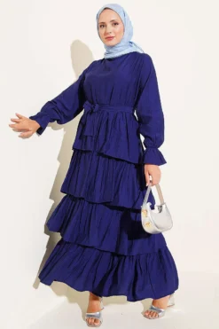 Tiered Dress with Belt Navy Blue