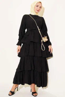Tiered Dress with Belt Black