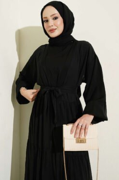 Alternative view of Layered Two-Piece Abaya Set Black