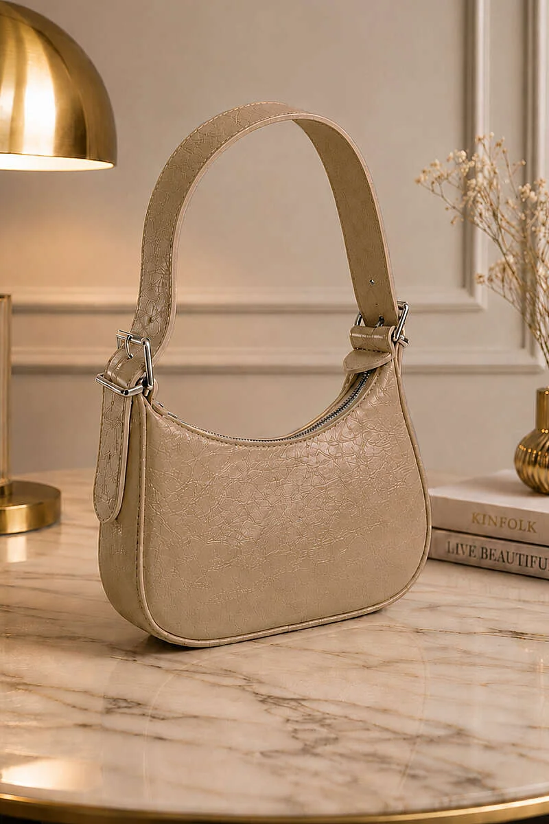 Belted Strap Patent Leather Shoulder Bag Beige