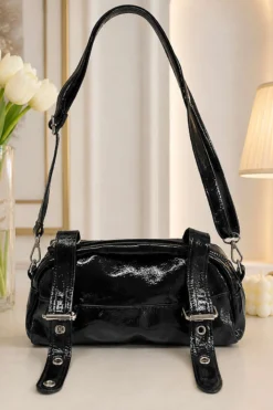 Zippered Patent Bag with Belt Detail Black