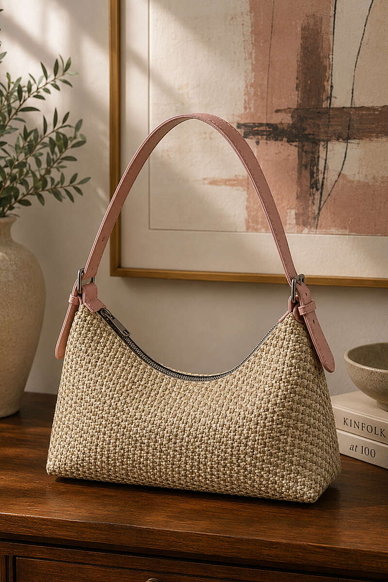 Belt Buckle Detail Woven Tote Bag Powder Pink