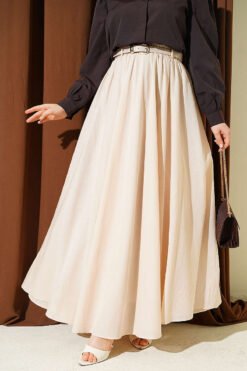 Belted Waist Elastic Voile Skirt Cream