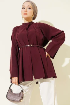 Belted Mandarin Collar Modal Shirt Burgundy