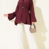 Belted Mandarin Collar Modal Shirt Burgundy - Image 2