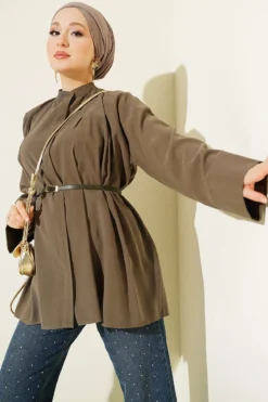 Belted Mandarin Collar Modal Shirt Khaki