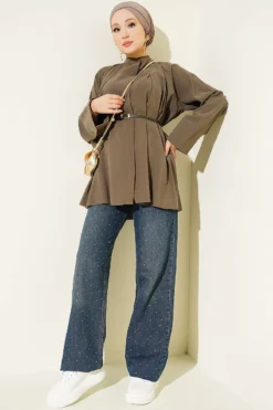 Vista alternativa de Belted Mandarin Collar Modal Shirt Khaki