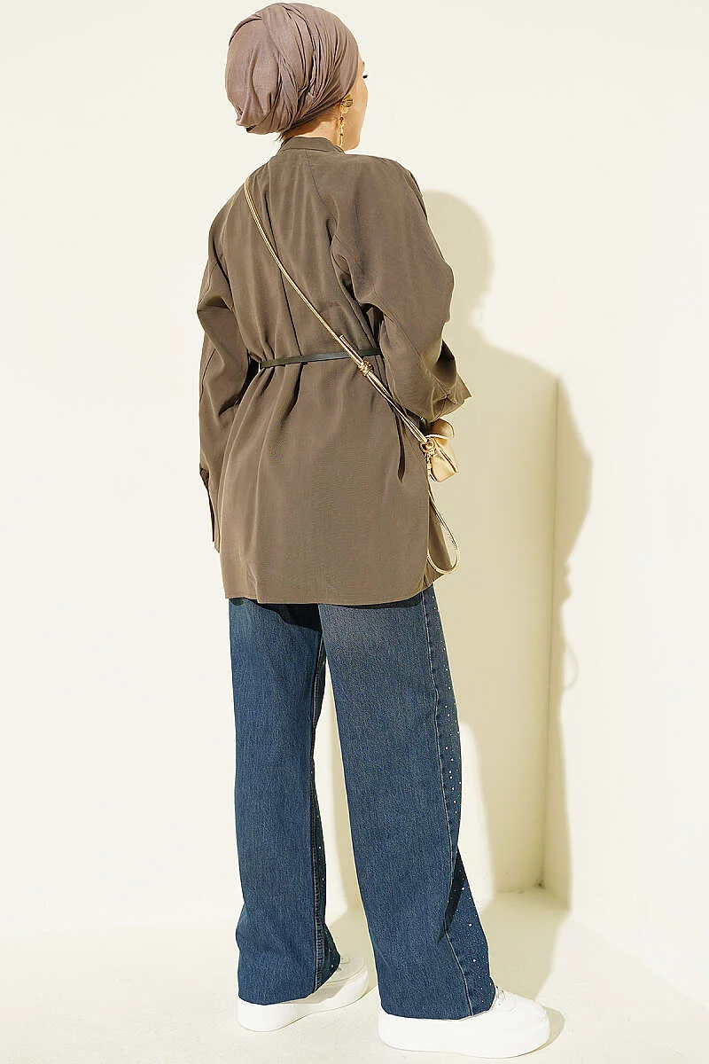 Belted Mandarin Collar Modal Shirt Khaki - Imagen 3