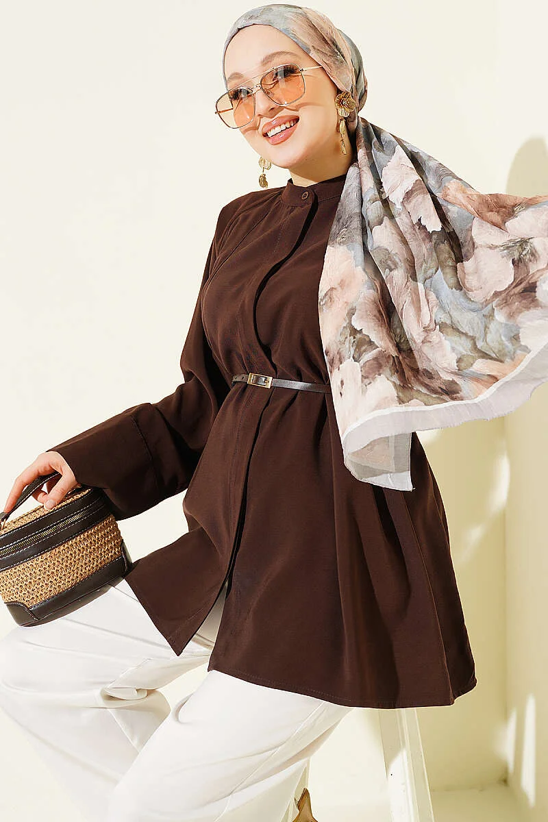 Belted Mandarin Collar Modal Shirt Brown