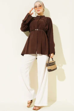 Vista alternativa de Belted Mandarin Collar Modal Shirt Brown
