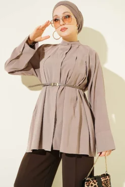 Belted Mandarin Collar Modal Shirt Mink