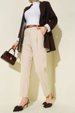 Belted Pleated Detail Carrot Pants Stone