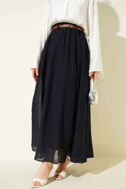 Belted Voile Skirt Navy Blue