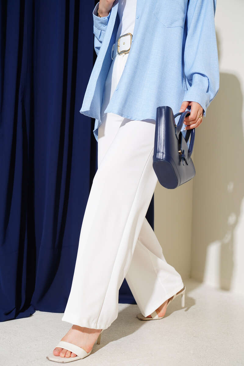 High Waist Wide Leg Trousers with Belt White