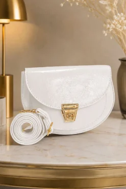 Key Detail Oval Patent Leather Bag White