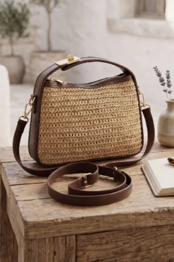 Woven Bag with Zipper and Key Lock Handle Latte