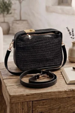 Woven Bag with Zipper and Key Lock Handle Black