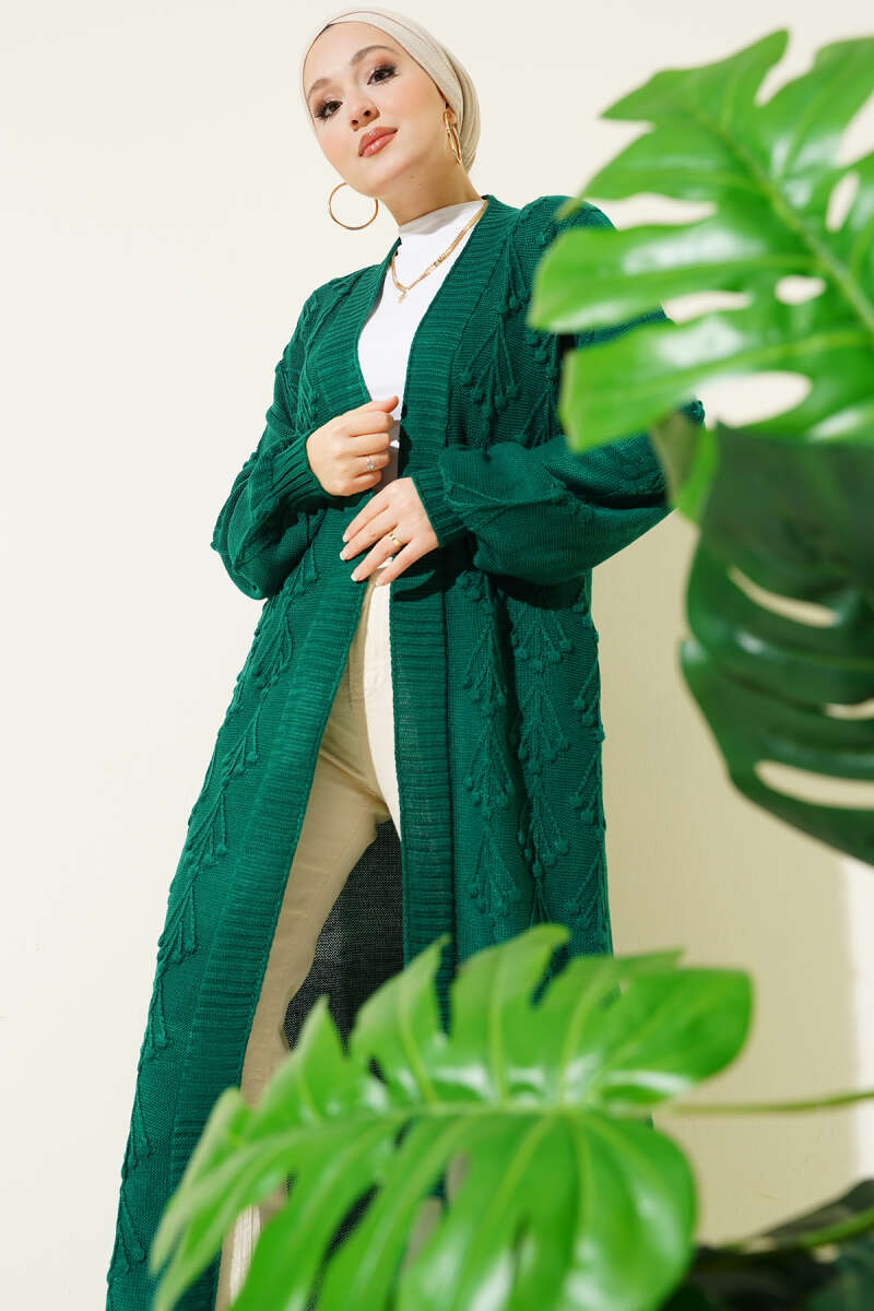 Cherry Embossed Long Knit Cardigan Emerald