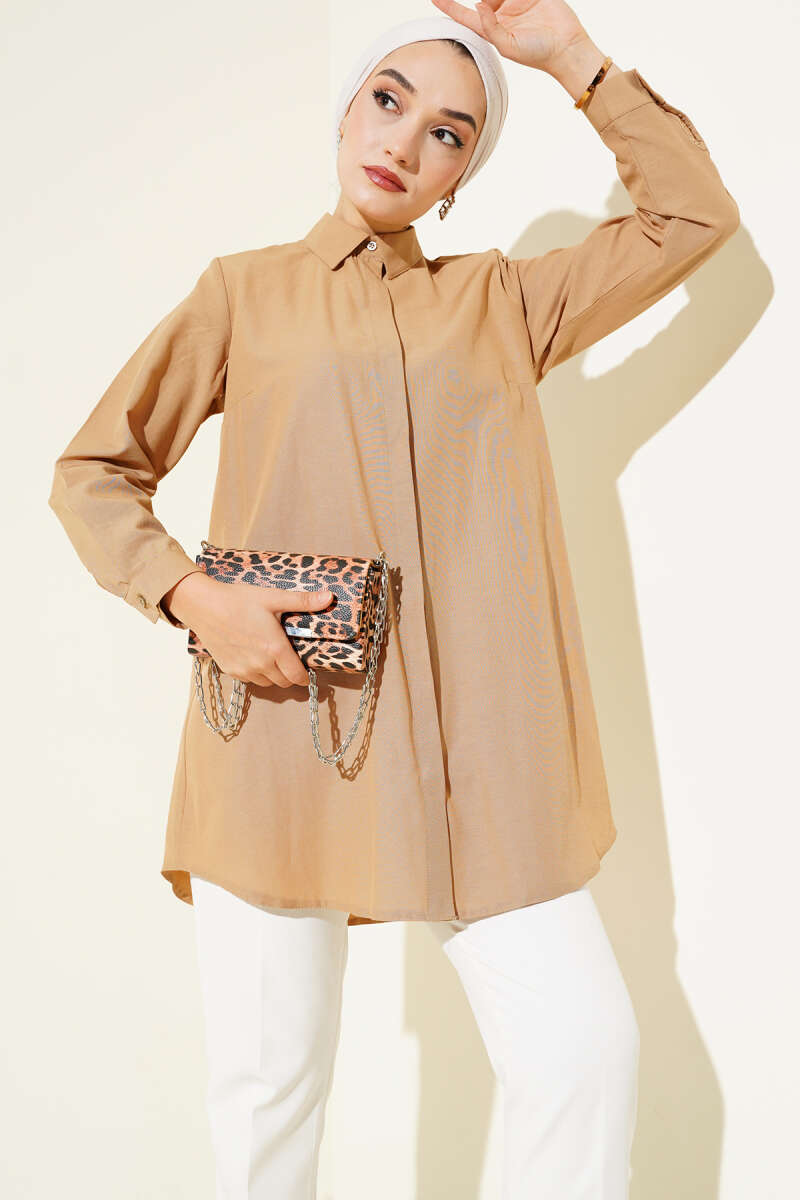 Classic Collar Oval Cut Shirt Brown