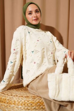 Flower Embroidered Knit Sweater with Tie-Up Sleeves Beige