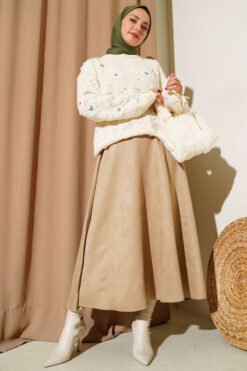 Alternative view of Flower Embroidered Knit Sweater with Tie-Up Sleeves Beige