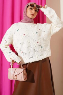 Flower Embroidered Knit Sweater with Tie-Up Sleeves Ecru