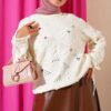 Flower Embroidered Knit Sweater with Tie-Up Sleeves Ecru - immagine 2