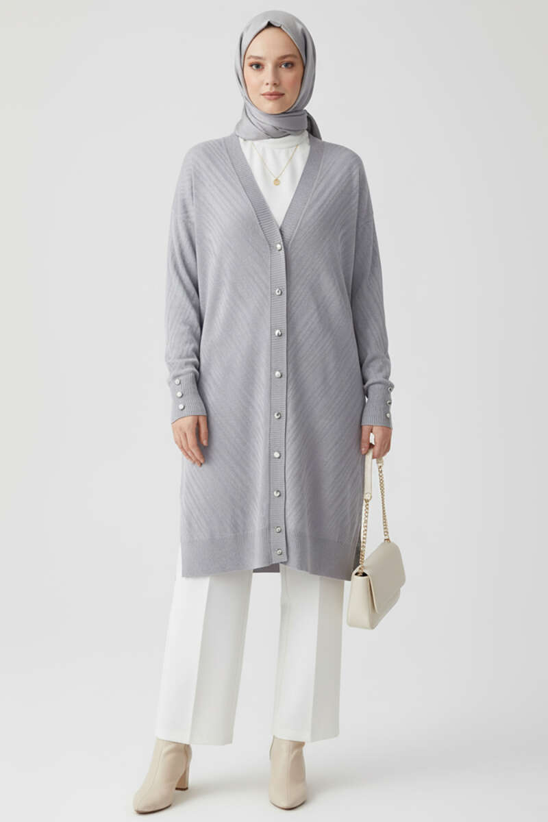 Button Detail Knit Cardigan Grey – Image 2
