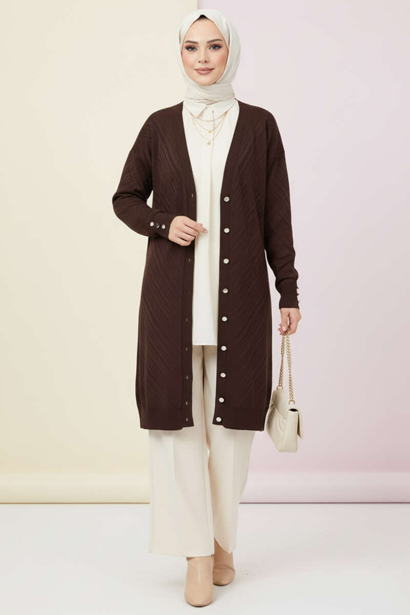 Button Detail Knit Cardigan Brown - Image 2