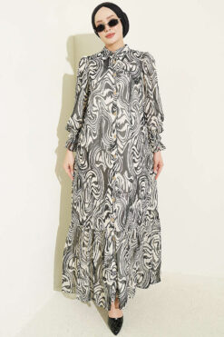 Gathered Sleeve Printed Chiffon Dress Black