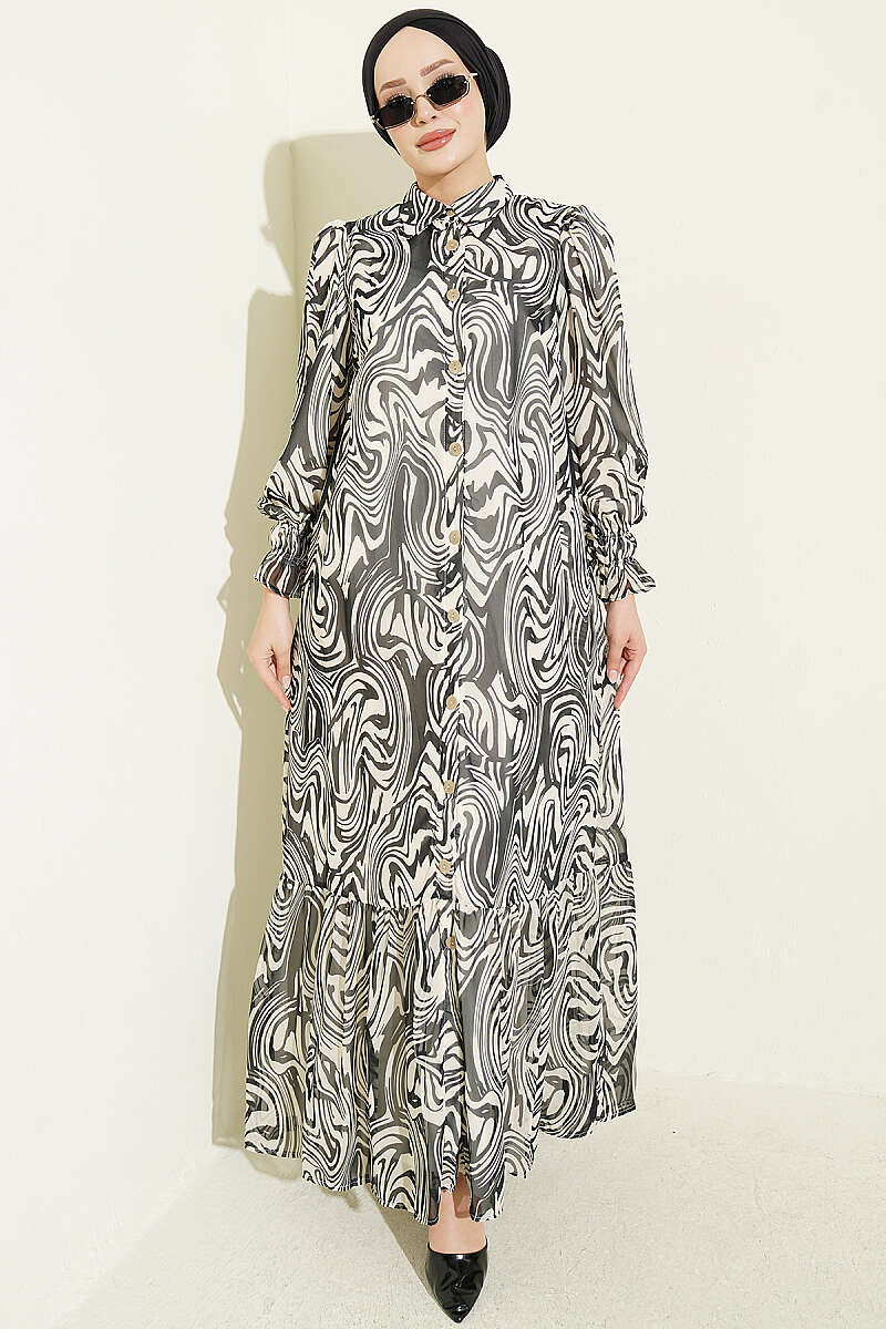 Gathered Sleeve Printed Chiffon Dress Black
