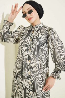 Alternative view of Gathered Sleeve Printed Chiffon Dress Black