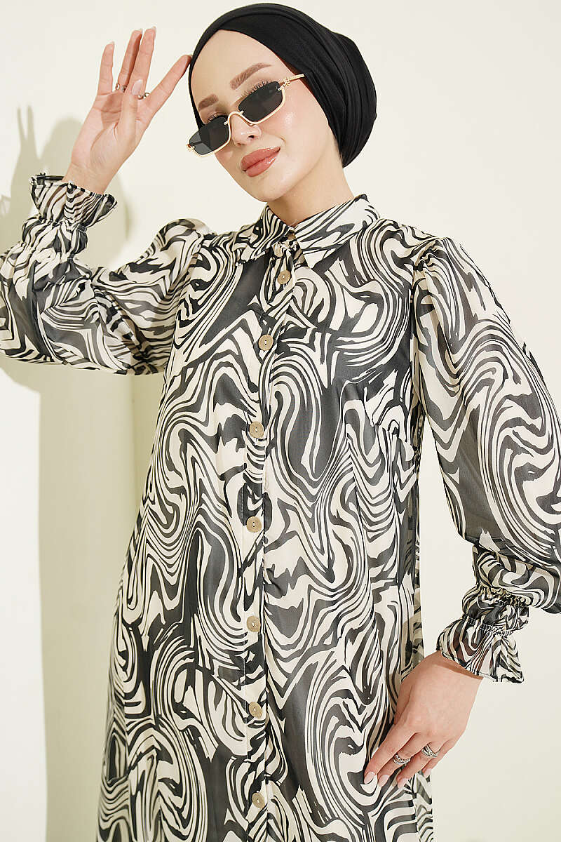 Gathered Sleeve Printed Chiffon Dress Black - Imagen 2