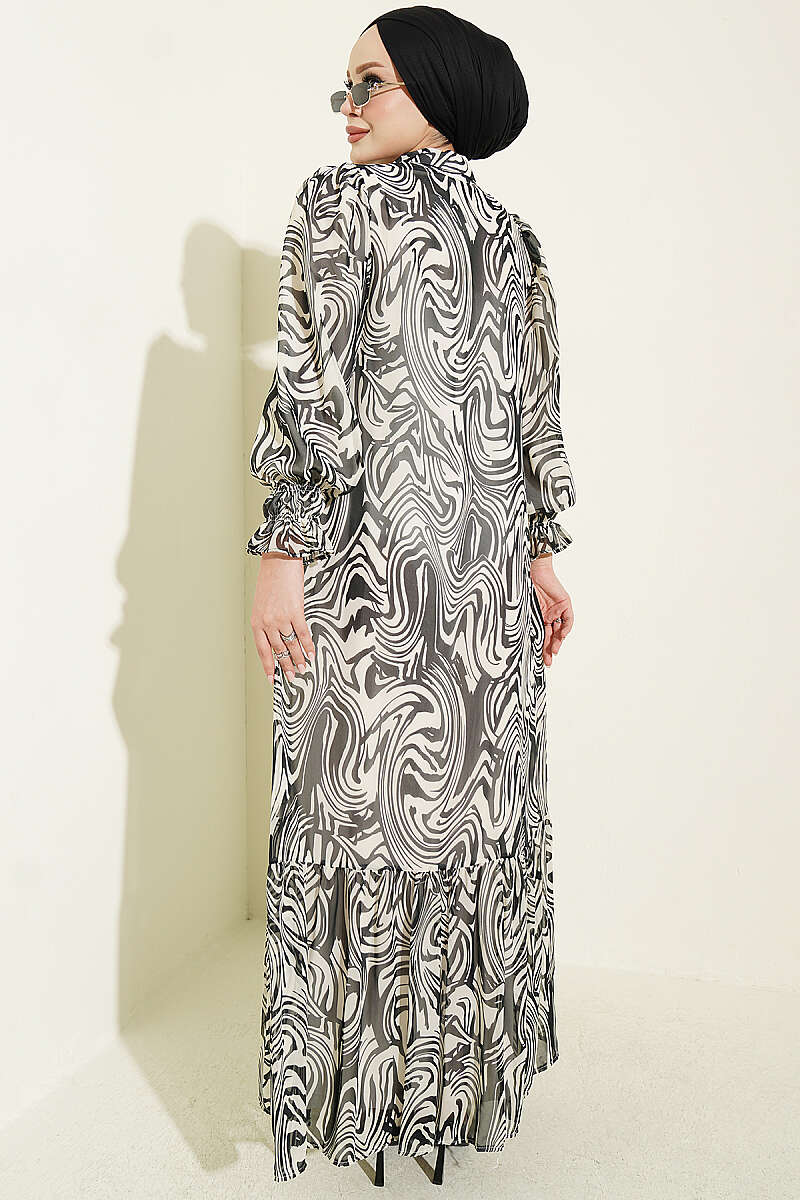 Gathered Sleeve Printed Chiffon Dress Black - Imagen 3
