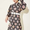 Gathered Sleeve Printed Tunic Black