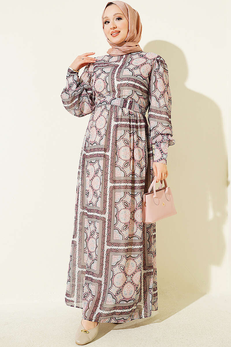 Printed Chiffon Dress with Cuff Sleeves Rose Dust
