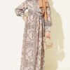Printed Chiffon Dress with Cuff Sleeves Khaki