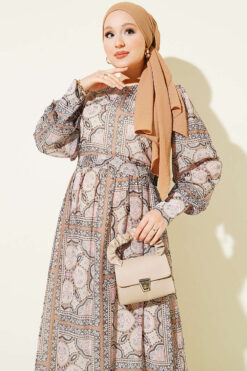 Alternative view of Printed Chiffon Dress with Cuff Sleeves Khaki