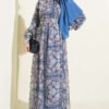 Printed Chiffon Dress with Cuff Sleeves Blue