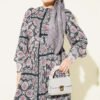 Printed Chiffon Dress with Cuff Sleeves Black