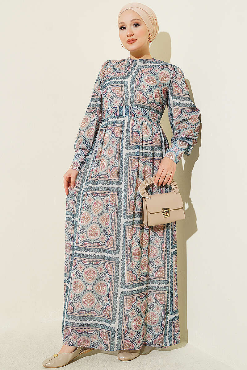 Printed Chiffon Dress with Cuff Sleeves Green